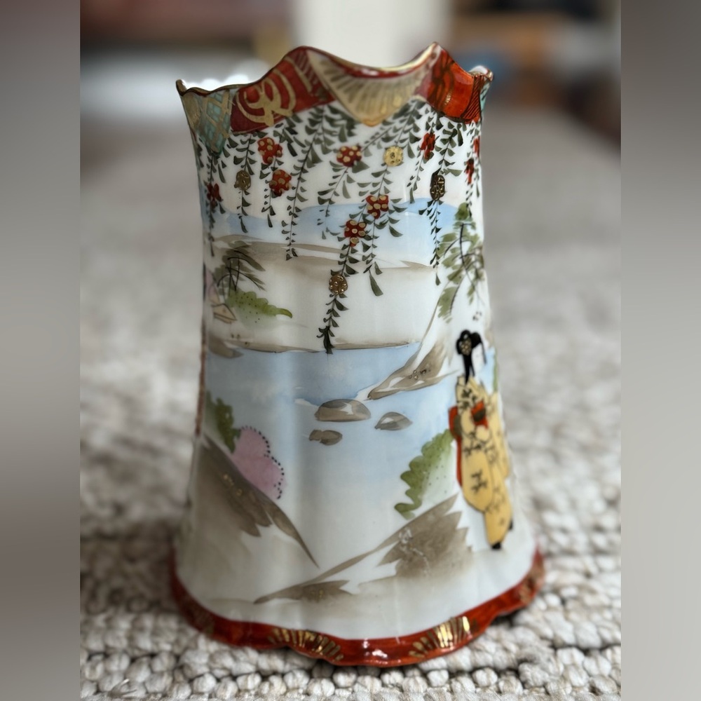 Vintage Asian-Inspired Ceramic Pitcher with Red Accents - Picture 2 of 6